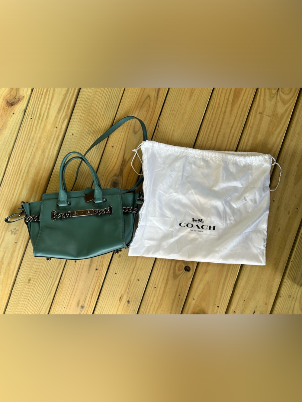 Coach Teal Green Leather Satchel with Gunmetal Chain